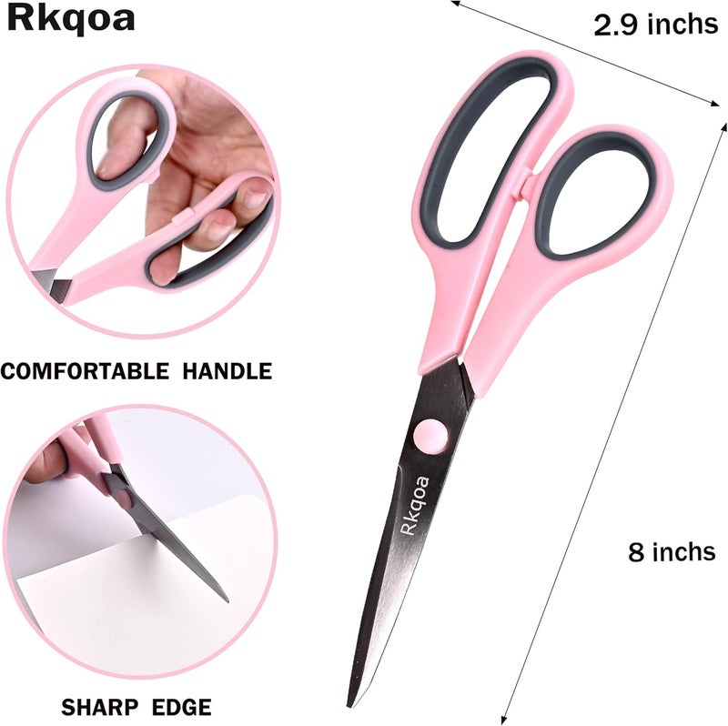 Almarto Scissors, Rkqoa 8" All Purpose Office Scissor 6 Pack - Comfort-Grip Sharp Shears for Office School House Sewing Fabric Crafts Arts Desk Classroom Supplies, Teacher/Class Scissors - Image 2